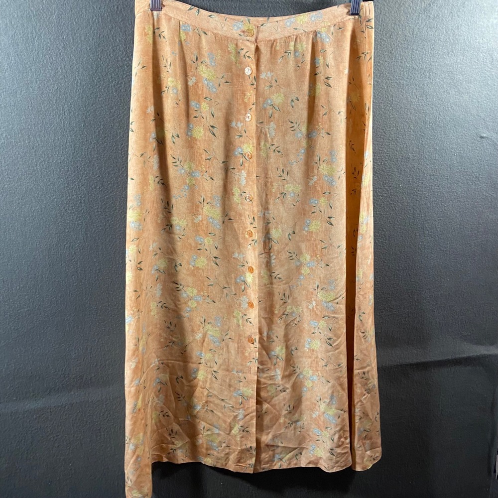 vtg silk midi Skirt large Floral Peach cottagecore fairycore romantic feminine